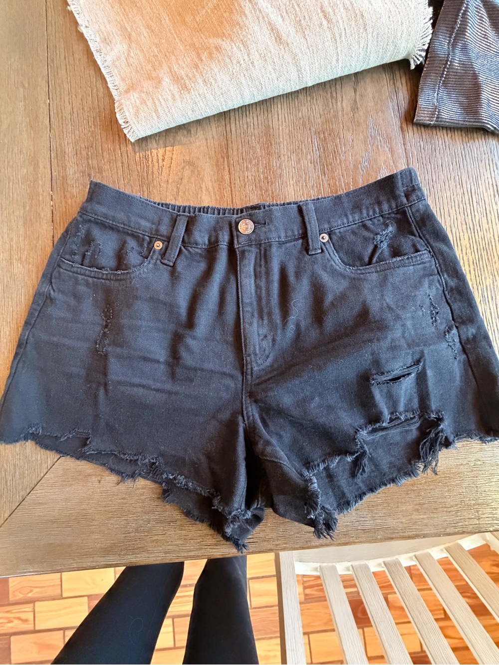 aerie Black Distressed Frayed Hem Denim Shorts